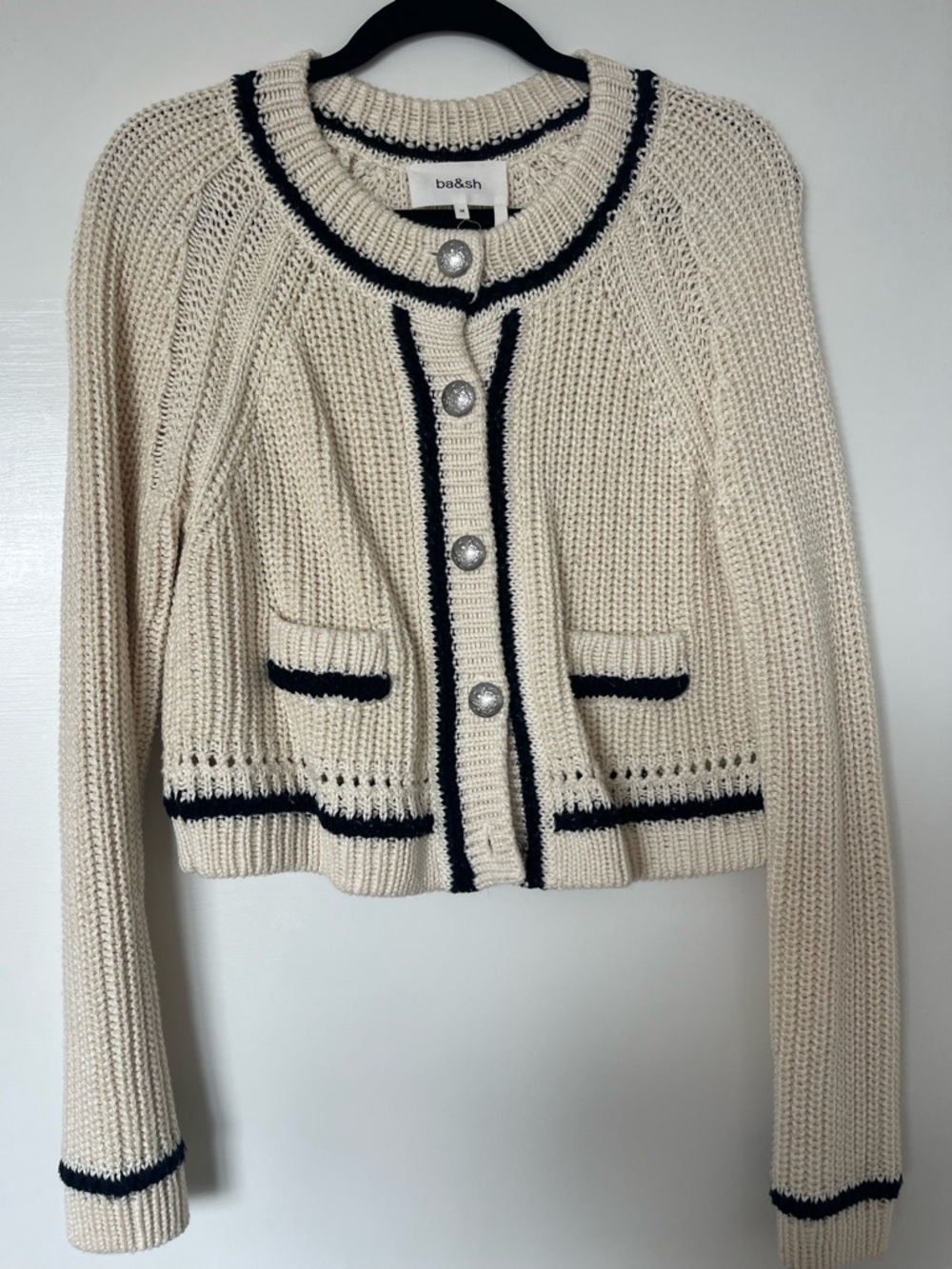 Ba&sh Cream Knit Button-Up Sweater Cardigan with Navy Trim - Picture 2 of 3